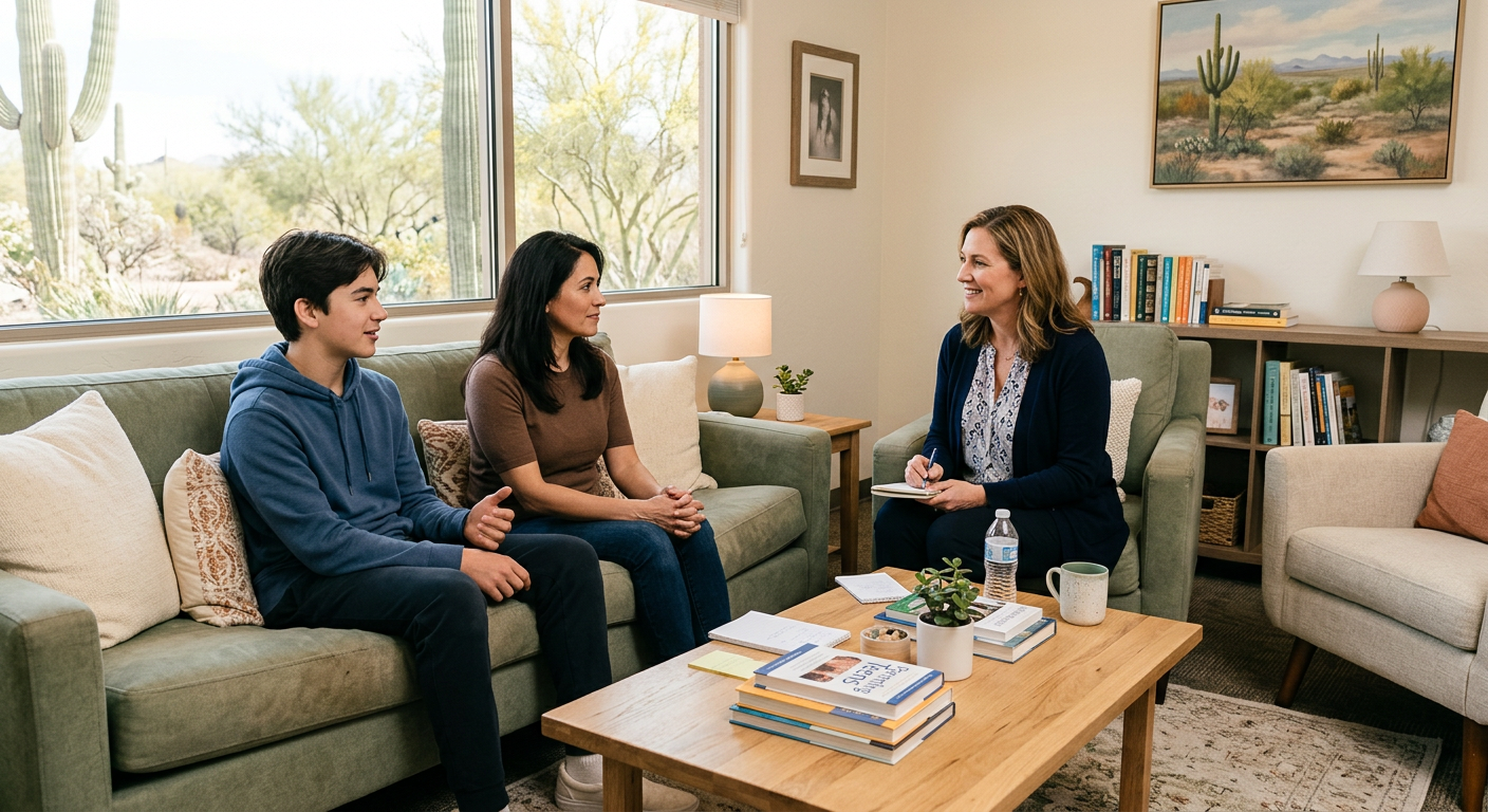 Photorealistic child and adolescent psychiatric consultation in a welcoming Scottsdale office, teen speaking comfortably w...