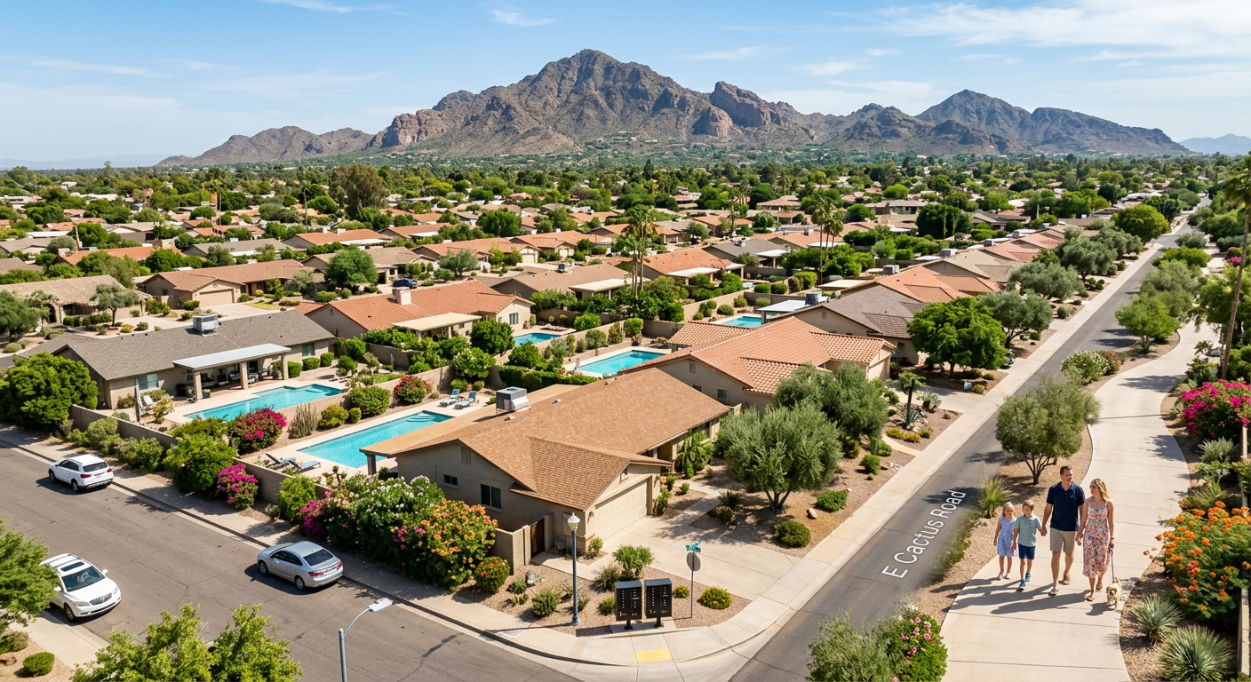 Photorealistic aerial neighborhood scene of Park Scottsdale with single-story ranch homes, mature trees, sparkling backyar...