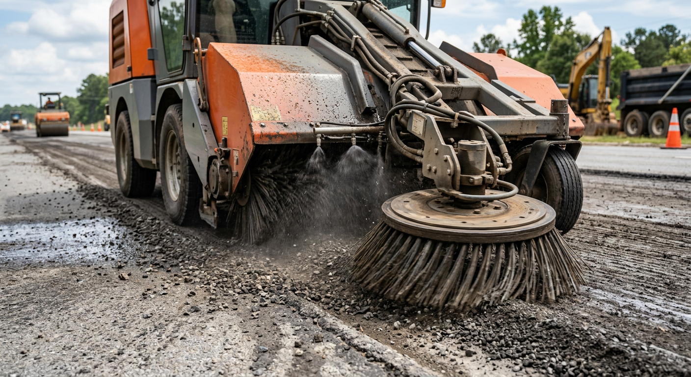 Photorealistic close-up of an unbranded mechanical broom sweeper at work on a Georgia asphalt milling project, side gutter...
