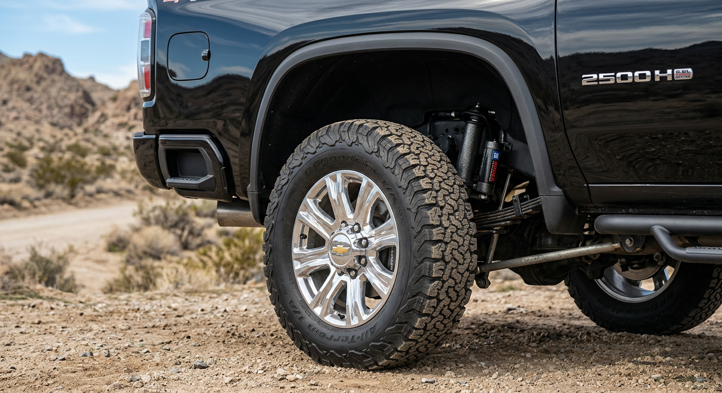 Truck Trade In Value Factors That Shape Your Dealer Offer Today Close-up outdoor detail of a black Chevrolet Silverado 2500HD, showing clean all-terrain tires, polished wheel, suspension...
