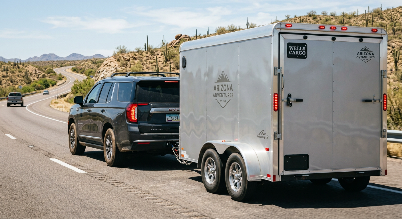 A black GMC Yukon towing a polished dual-axle enclosed trailer on a wide Arizona highway, close three-quarter rear angle s...