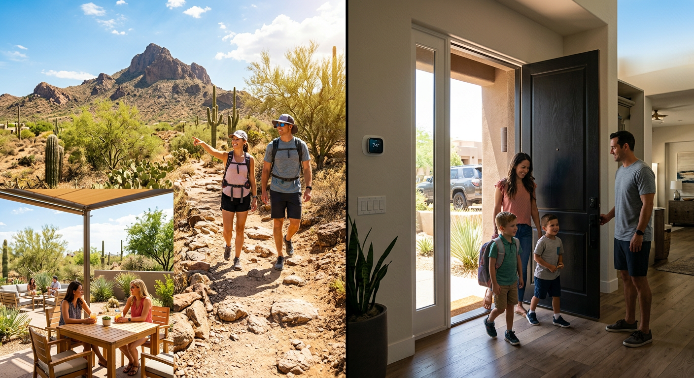 Editorial-style photorealistic split scene showing Scottsdale's lifestyle tradeoff, one side features a sunny patio and hi...