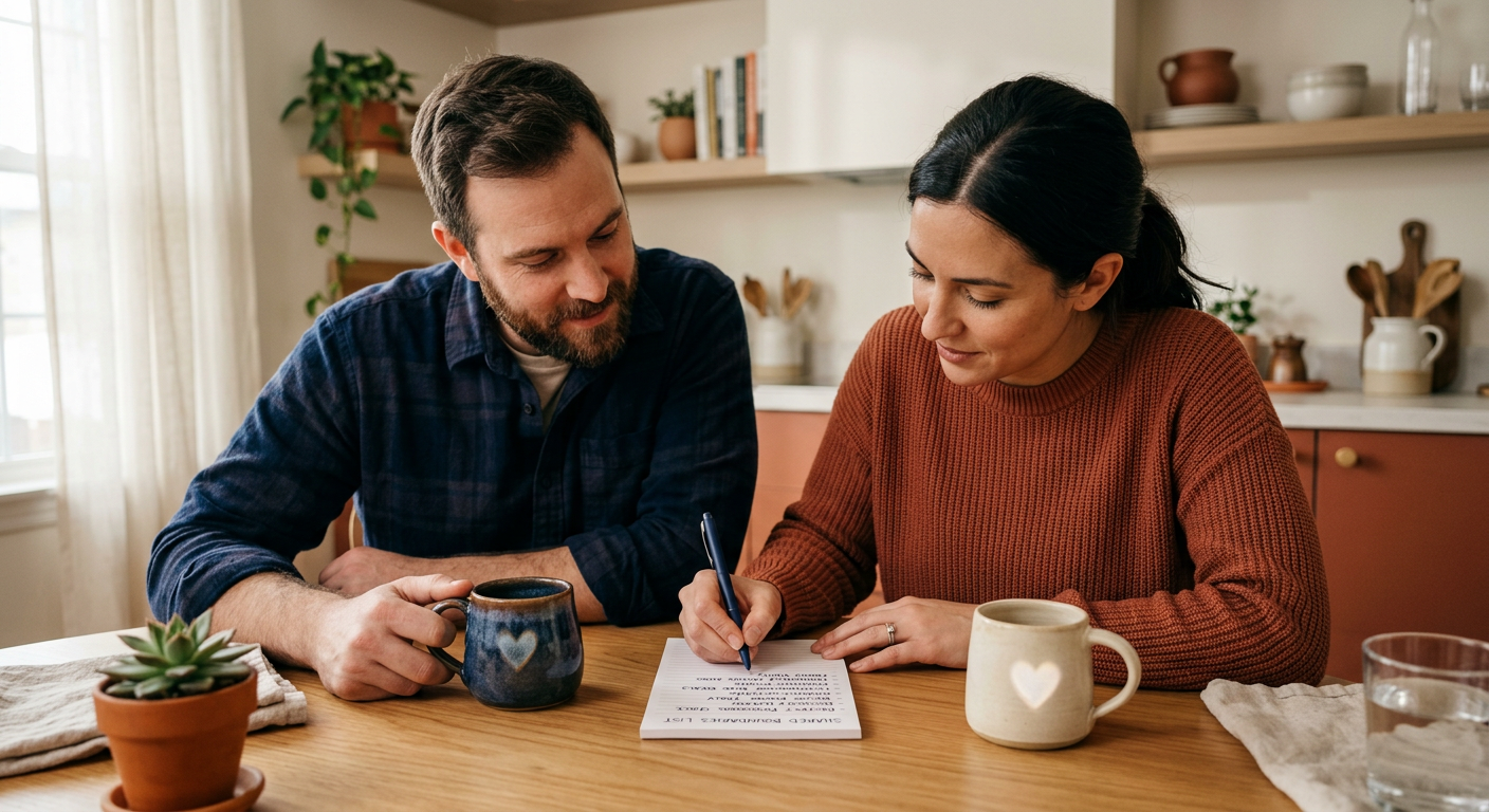 Warm modern illustration of two adult partners at a kitchen table creating a shared boundaries list, hands near coffee mug...