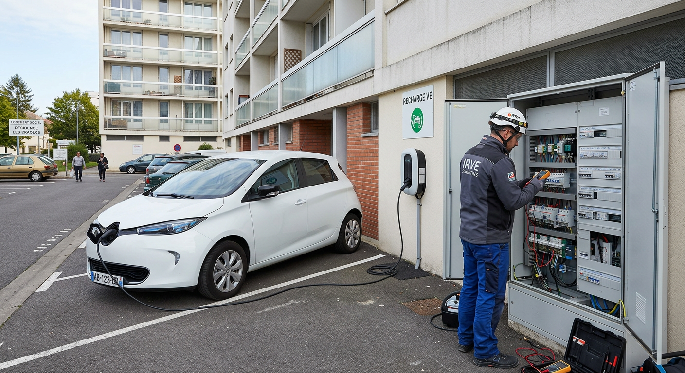 Borne de recharge électrique IRVE installée sur un parking extérieur d'un quartier de logement social avec un installateur professionnel.
