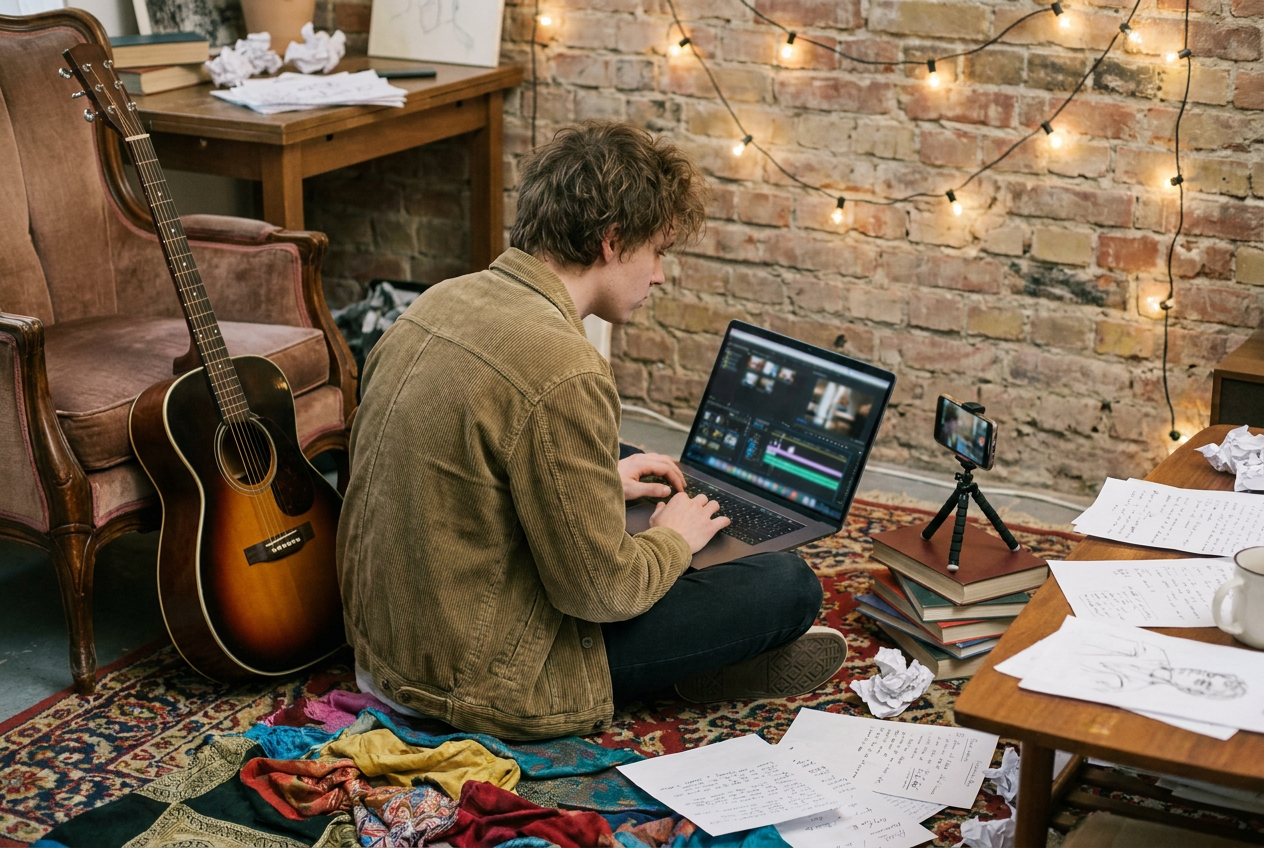 alt text: A musician creating content on a phone with AI tools