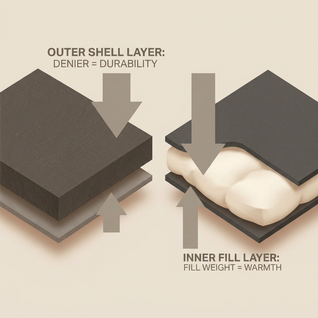 A diagram illustrating the difference between denier (outer shell durability) and fill weight (insulation/warmth), showing two cross-section views of a horse blanket