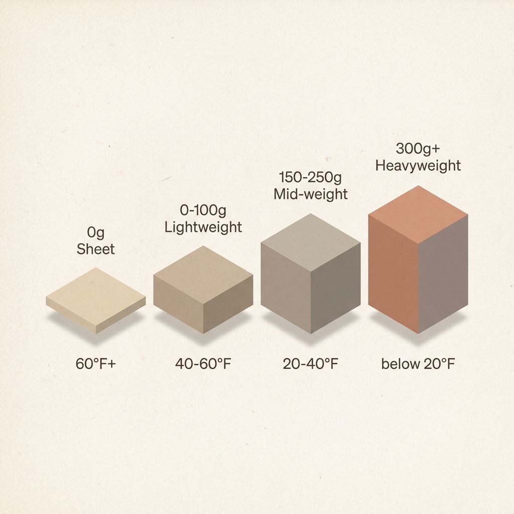 A diagram showing the horse blanket fill weight spectrum from 0g to 300g+, with temperature ranges and use cases for each category (sheet, lightweight, mid-weight, heavyweight)