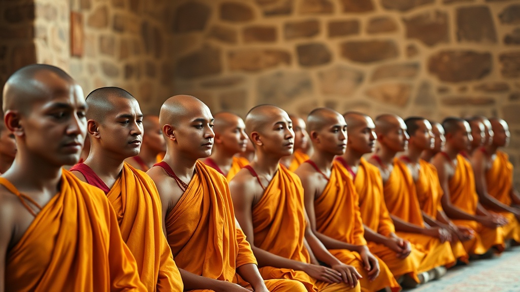 Rangée de moines bouddhistes à têtes rasées en méditation dans un monastère