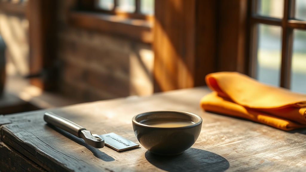 Rasoir traditionnel et bol d'eau sur une table de bois dans un monastère bouddhiste