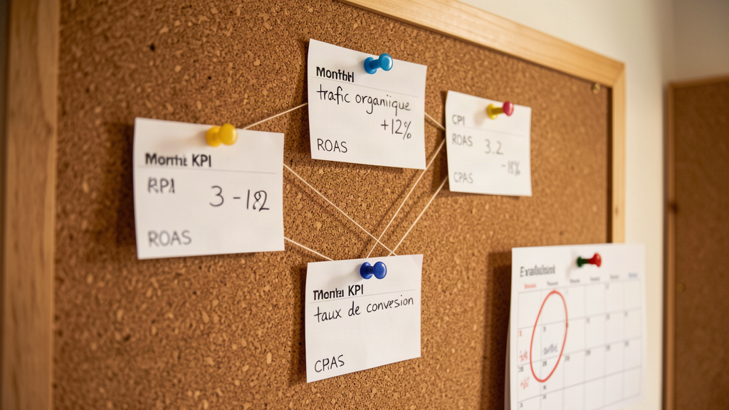 Mur de suivi avec des cartes KPI manuscrites dans un bureau e-commerce