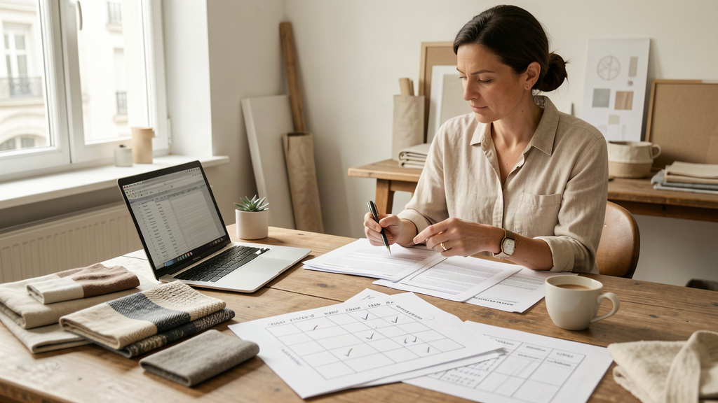 Une marchande e-commerce examinant des propositions d'agences marketing sur une table d'atelier