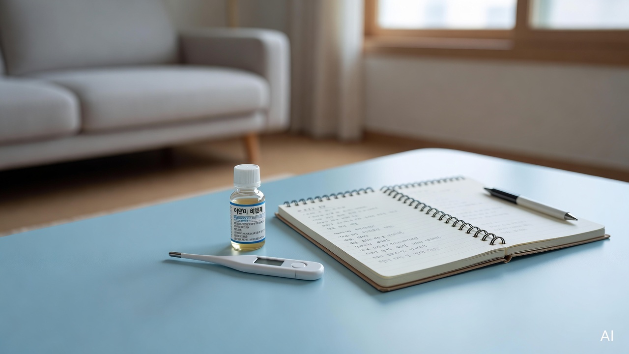 baby health care items including thermometer, small medicine bottle, and notebook on a light blue surface