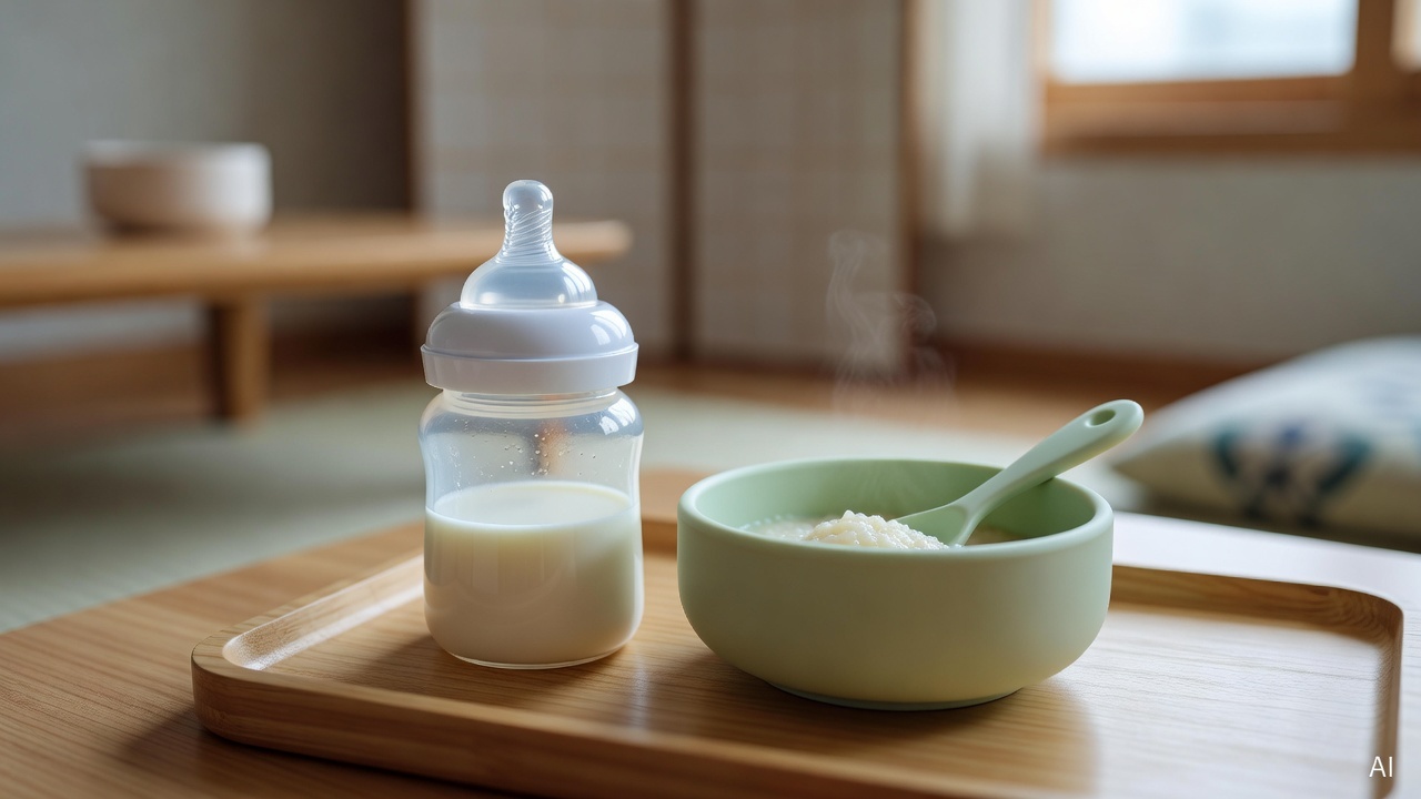 close-up of baby feeding bottle and soft baby food bowl on a wooden tray