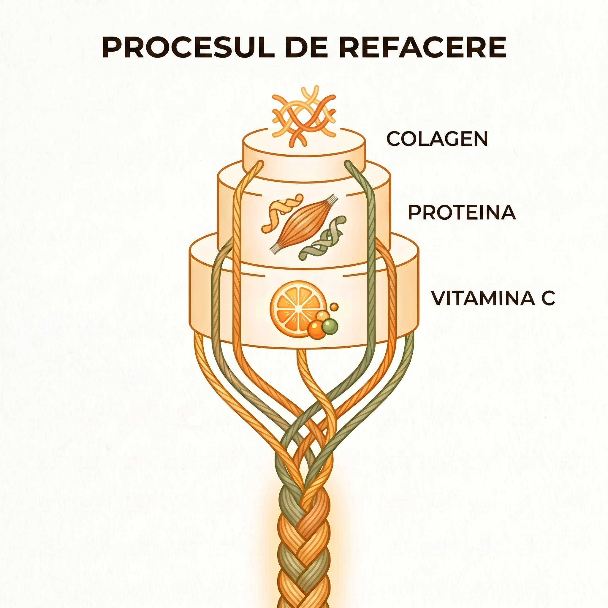 Mecanism pe trei niveluri, colagen, proteine și vitamina C pentru construirea țesutului conjunctiv