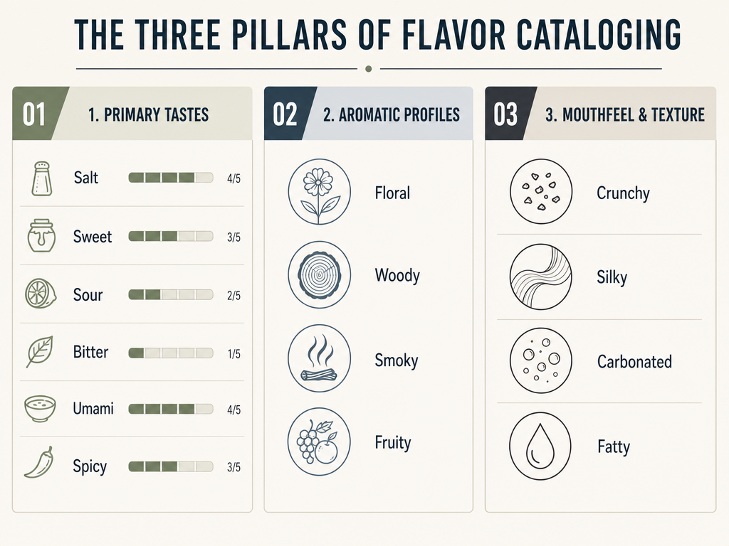 Infographic showing the three pillars of flavor cataloging: Primary Tastes, Aromatic Profiles, and Mouthfeel with specific sensory categories.