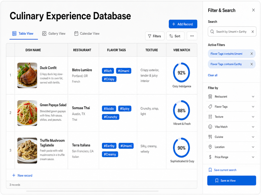 Digital database interface mock-up showing how to organize dish names, restaurants, flavor tags, and texture profiles in a searchable table format.