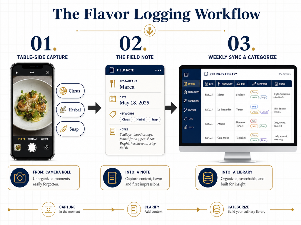 A three-step workflow diagram showing the process from capturing a dish photo at a table to syncing it into a structured flavor database.