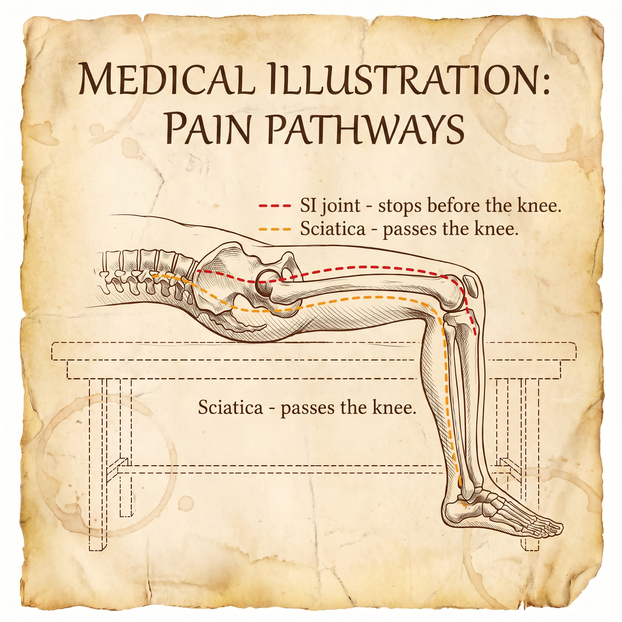 Medical illustration: pain pathways, SI joint compared with sciatica