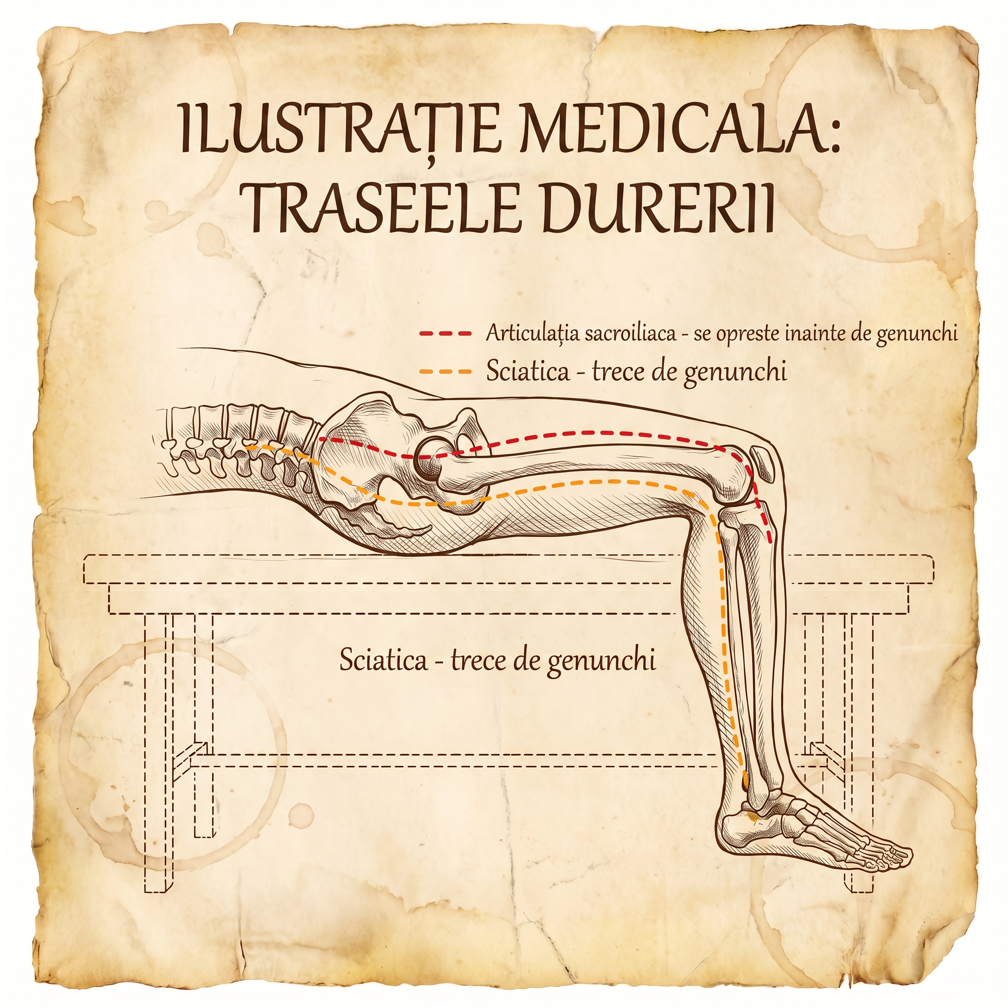 Ilustrație medicală: căile durerii, articulația sacroiliacă comparată cu sciatica
