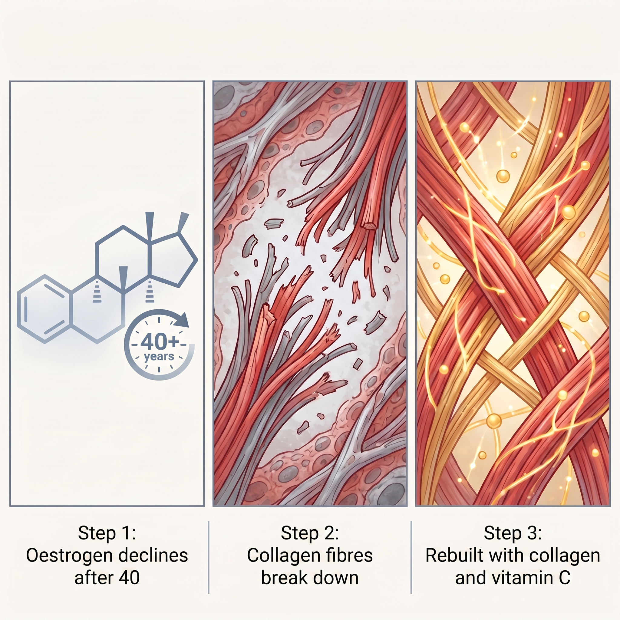 Three-step mechanism: collagen breakdown, joint instability, chronic pain