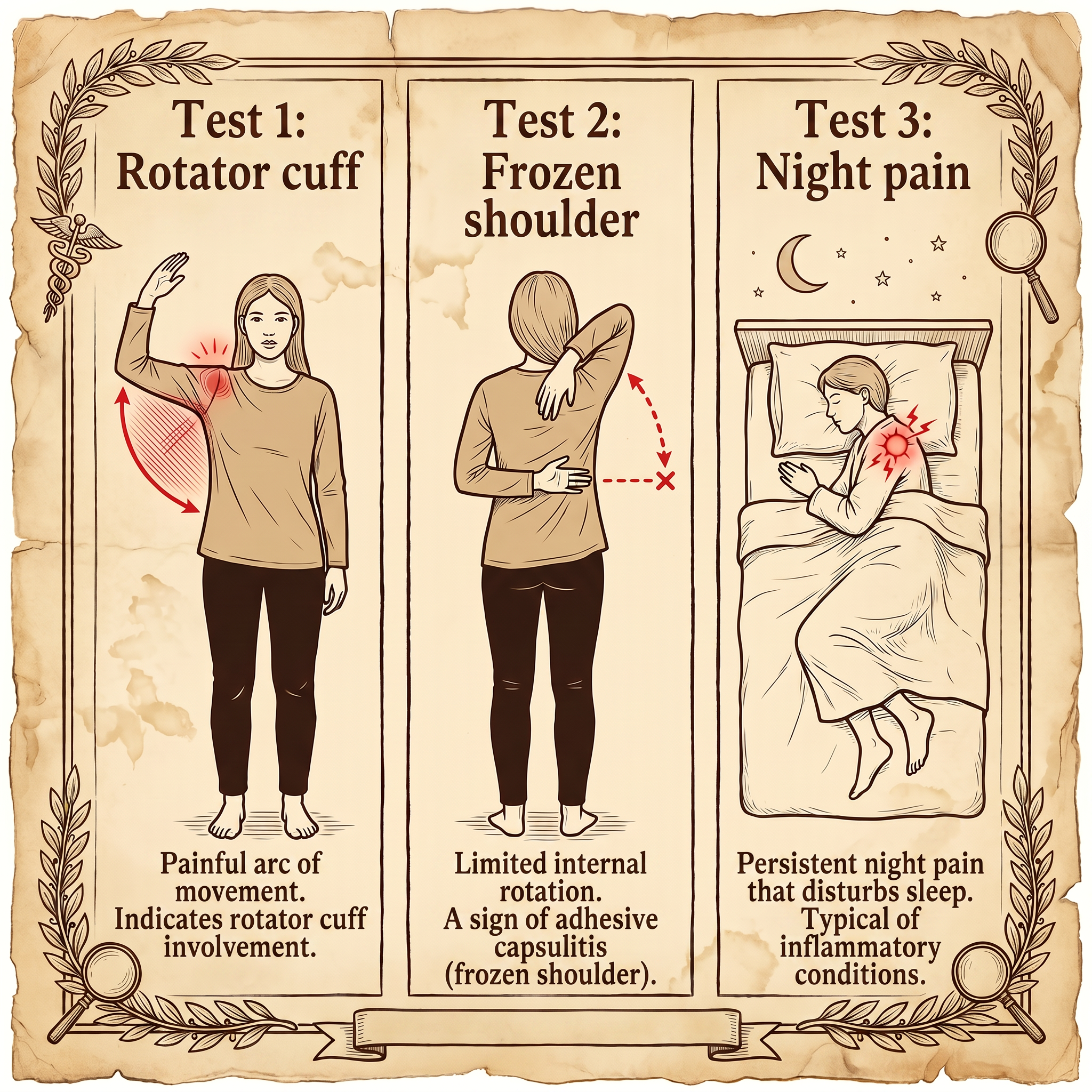 Diagnostic illustration: three shoulder tests with the pain zone marked