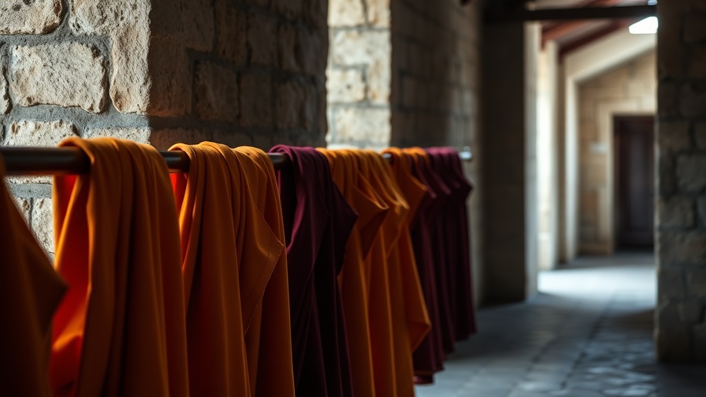 Robes de moines bouddhistes aux teintes variées : safran, ocre et bordeaux selon les traditions