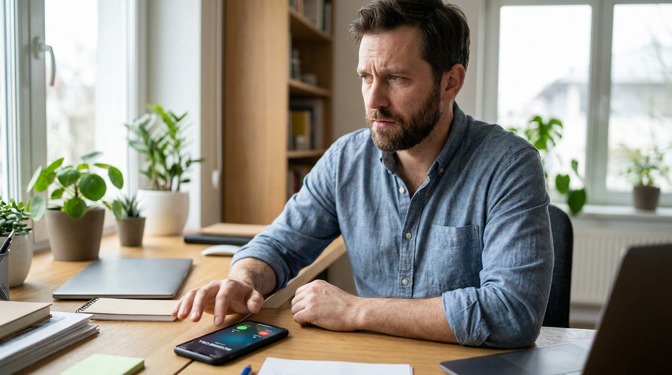 Ondernemer aan zijn bureau die aarzelt om zijn rinkelende telefoon op te nemen