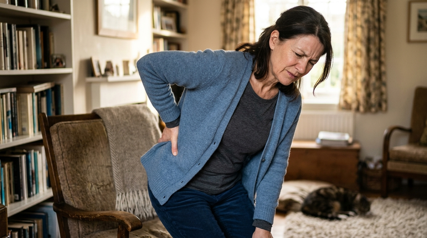 Person sitting carefully on the edge of the bed in the morning, experiencing lower back discomfort