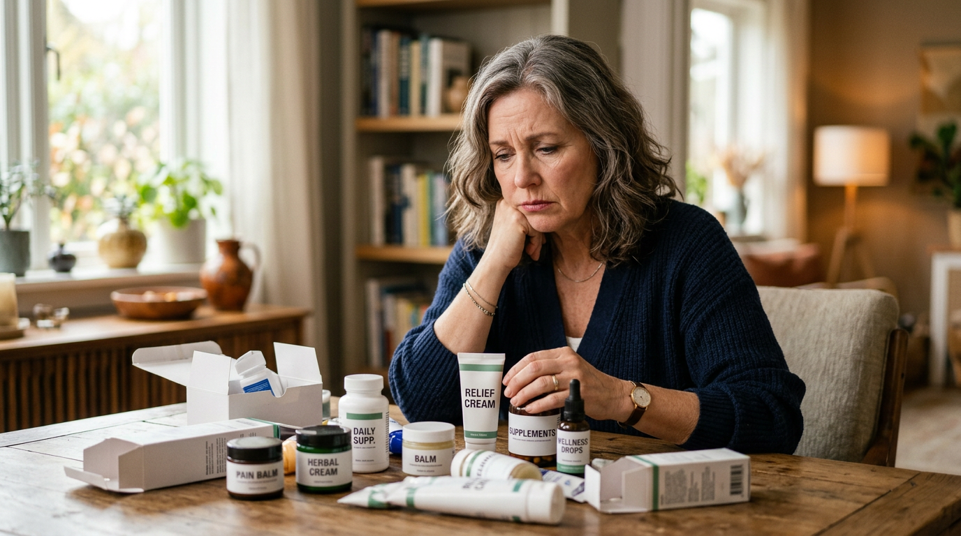 Collection of pain creams, heating pads, and pain medication on a bathroom counter