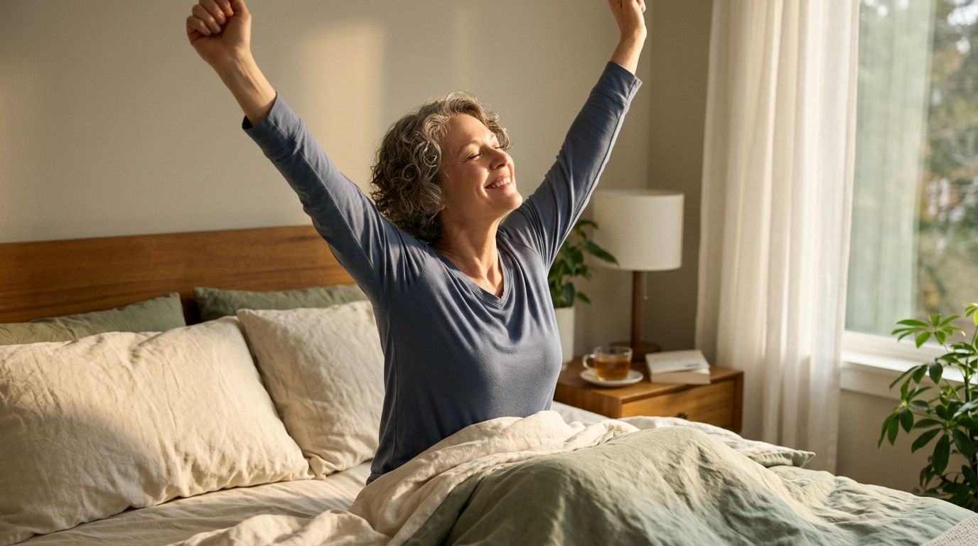 Calm bedroom showing a comfortable bed with soft morning light, conveying peaceful sleep