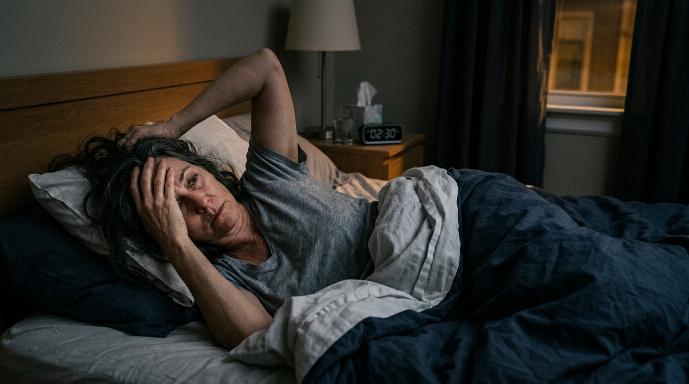 Person lying down and appearing comfortable in bed at the start of the night