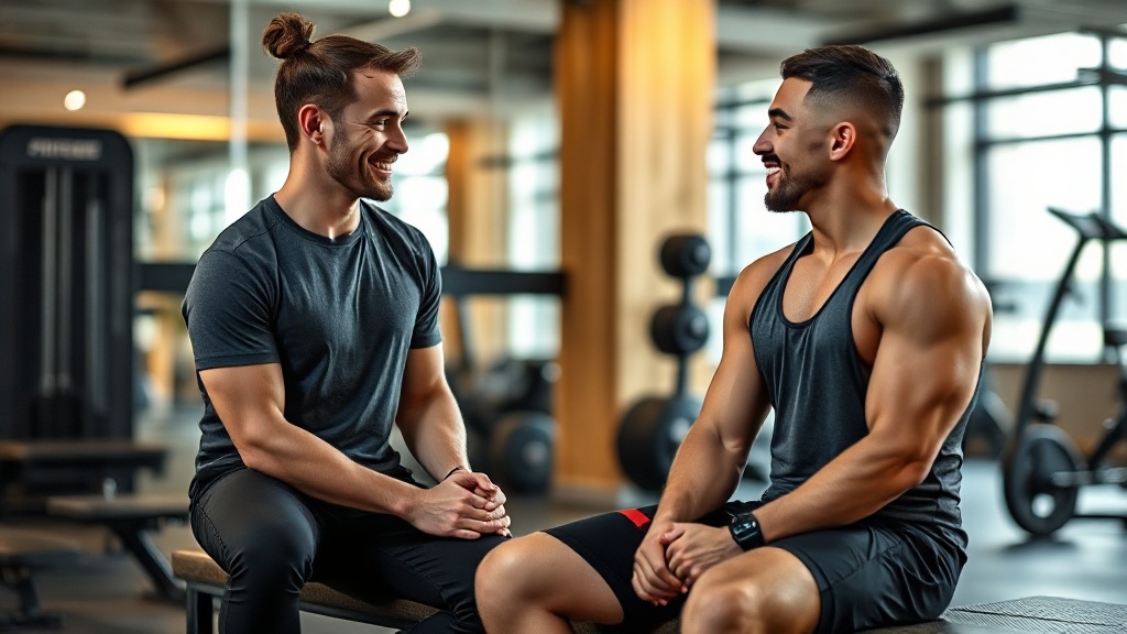 Personal trainer and athlete having a supportive conversation in a modern gym, sitting on a bench, w