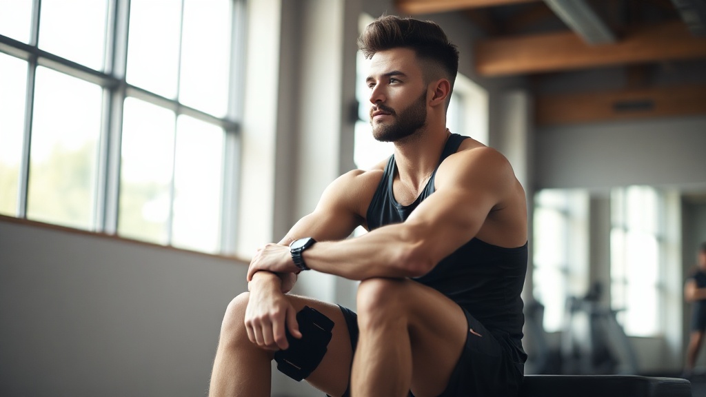 A determined athlete sitting on a gym bench with a knee brace, looking thoughtfully out a bright win