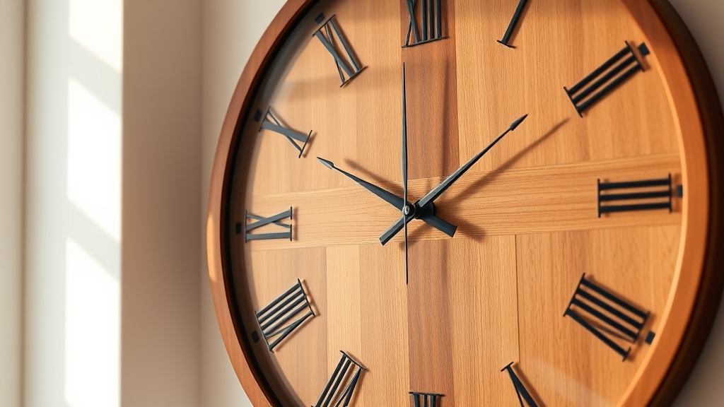 Close-up of a large round walnut wooden wall clock with Roman numerals on a warm white wall