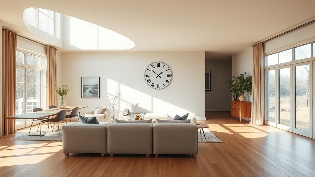 Open concept living and kitchen area with a large blank transitional wall ready for a statement clock