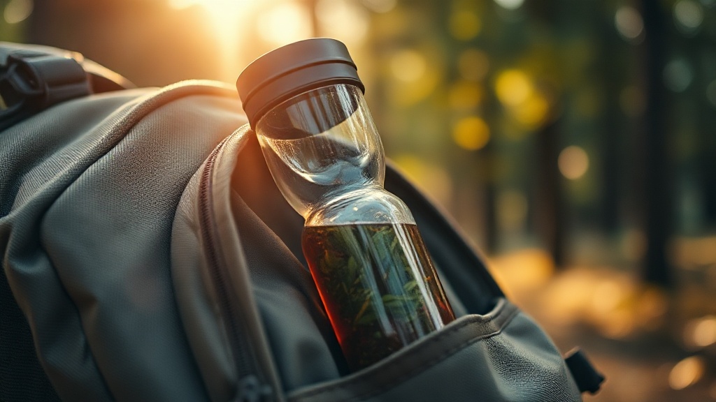 Gourde infuseur en verre double paroi avec thé vert en infusion dans un sac à dos
