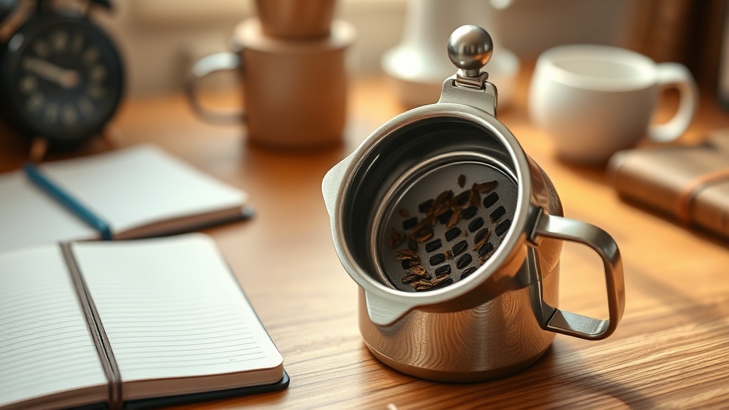 Théière nomade inox ouverte avec feuilles de thé en vrac dans le filtre