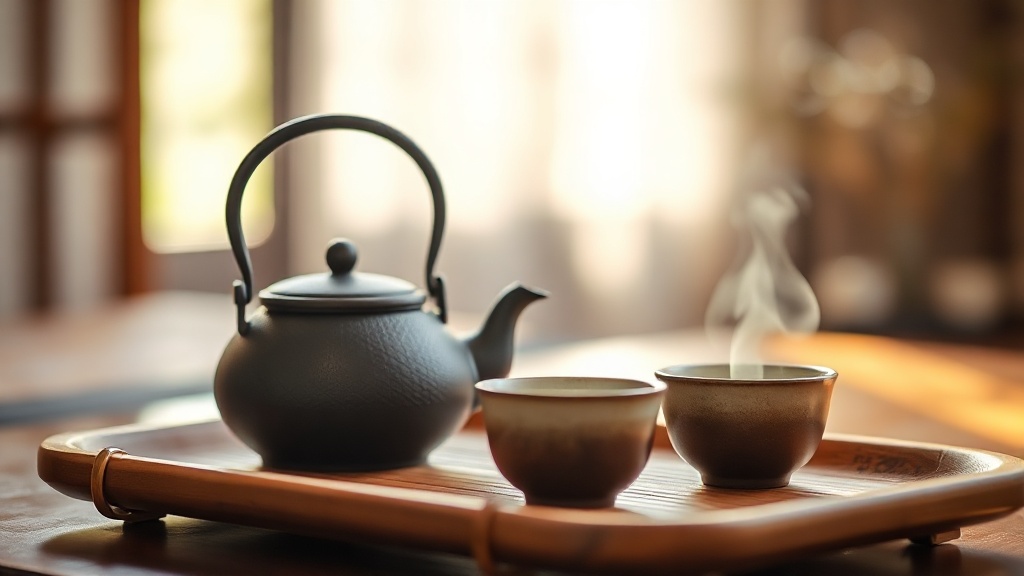 Petite théière en fonte japonaise noire posée sur un plateau en bambou avec deux tasses de thé