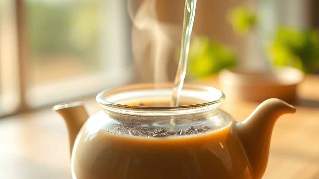 Petite théière en céramique avec infuseur, vapeur qui monte lors de l'infusion du thé