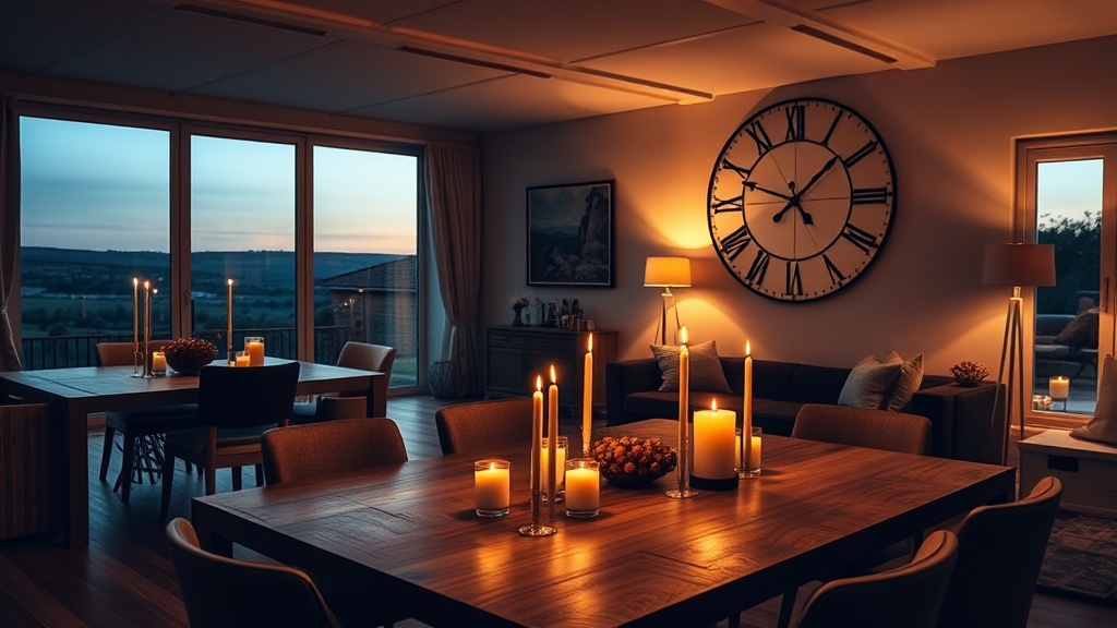 Statement wall clock serving as the focal point of an open-plan dining and living room in warm evening light