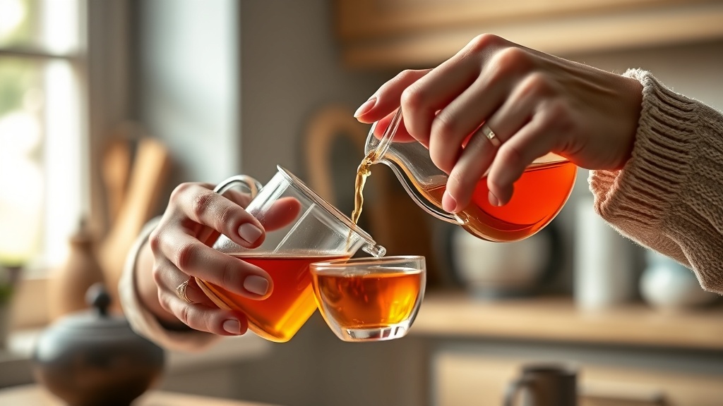Mains versant du thé depuis une petite théière en verre borosilicate dans une tasse fine