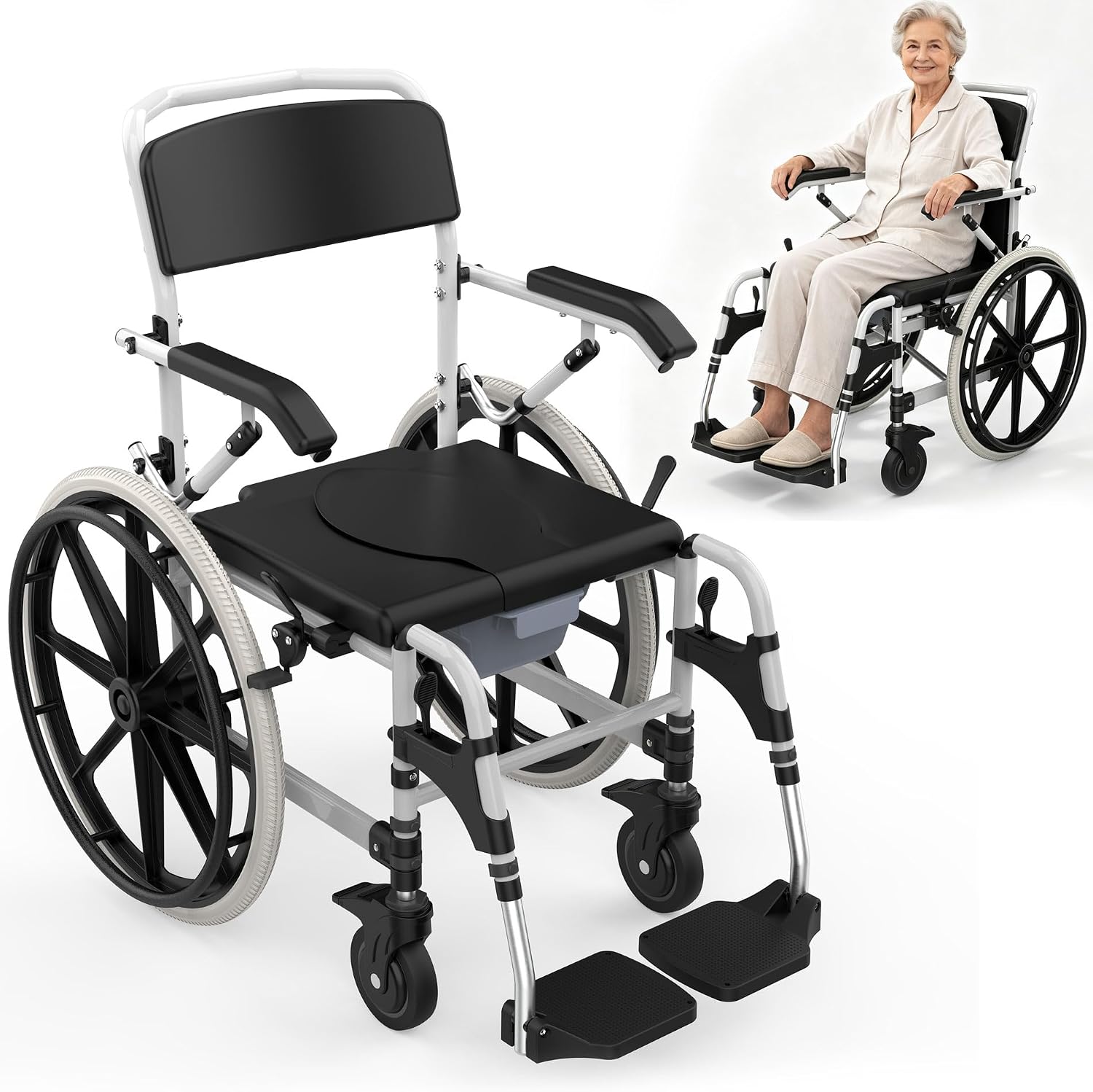 Rolling shower chair with raised armrests in modern bathroom with natural window light and tiled walls