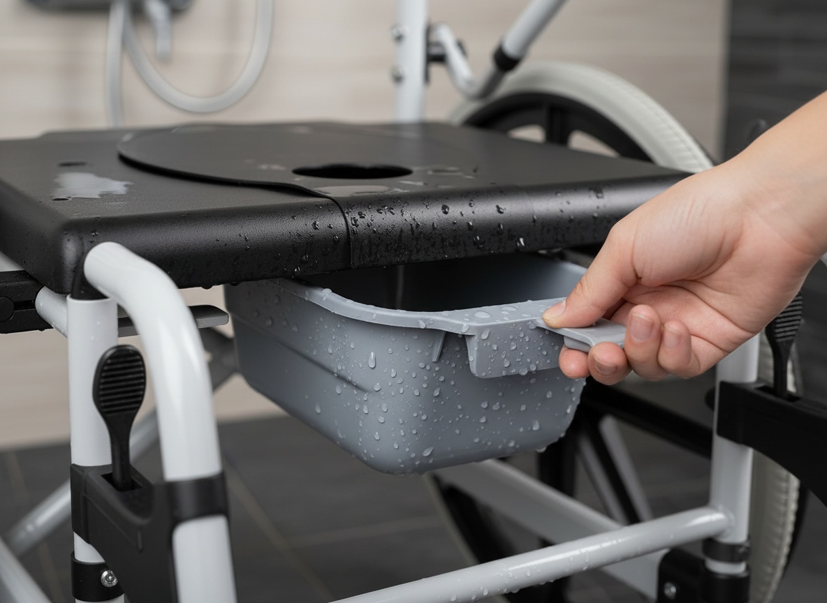 Detachable commode bucket being removed from shower wheelchair frame, stainless steel with water beads