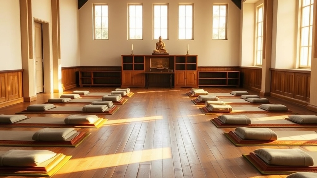 Salle de méditation d'un centre bouddhiste en France, coussins zafu disposés en rangées face à un autel simple