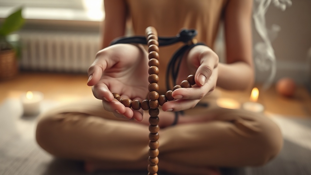 Mains tenant un mala en bois lors d'une séance de méditation bouddhiste, perles de santal traditionnelles
