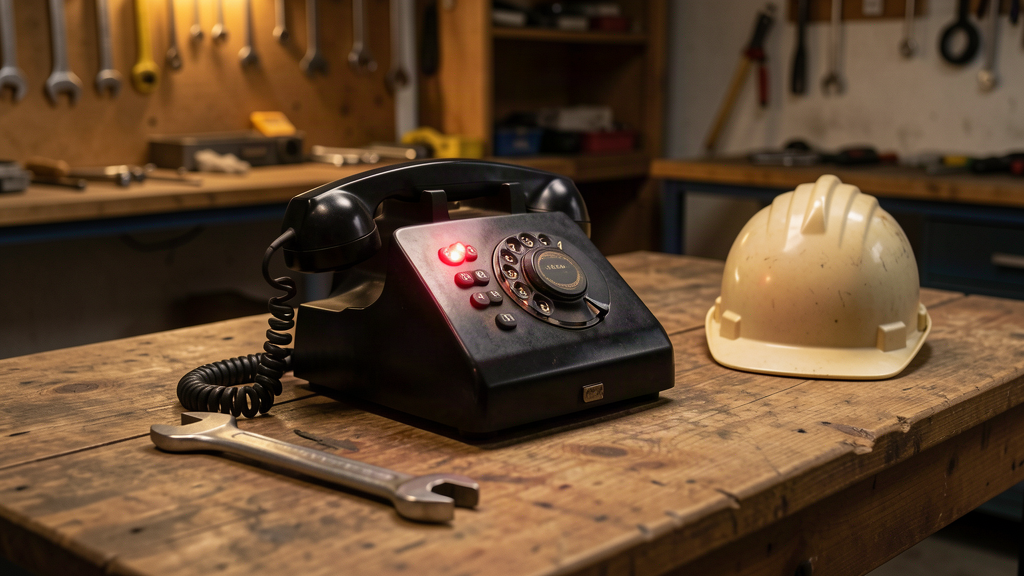 A desk phone ringing on a wooden workbench in a service workshop, a red indicator light glowing, a wrench and hard hat resting nearby