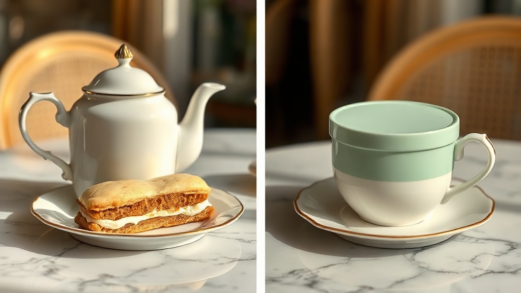 Comparaison de deux ambiances de salons de thé parisiens : Belle Époque avec Mont-Blanc et style Napoléon III avec macarons