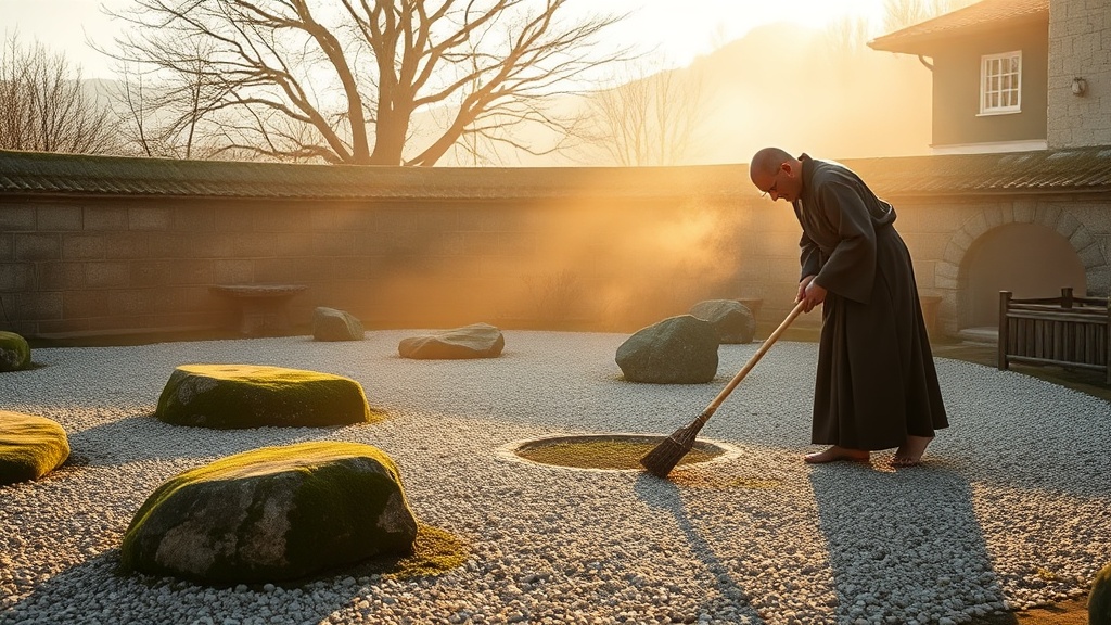 Samu bouddhiste zen en Ardèche, travail du jardin au lever du soleil lors d'une retraite