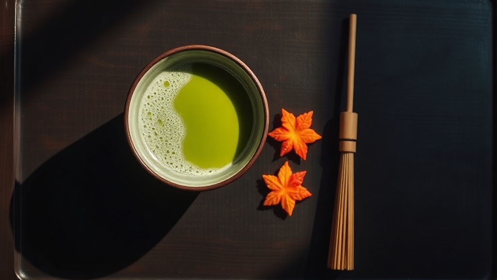 Bol de matcha vert vif avec deux wagashi de saison en forme de feuilles sur plateau laqué noir
