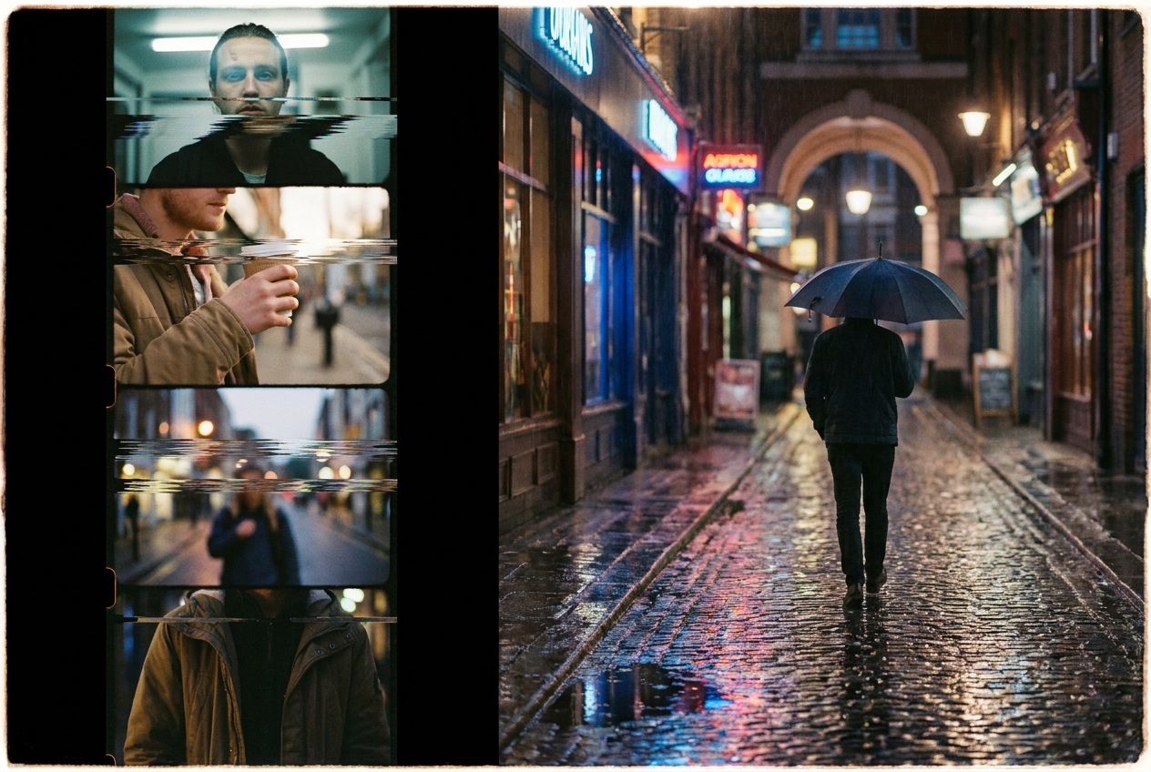 alt text for accessibility: A split-screen comparison showing fragmented short video clips on the left with visible seams between them, and a smooth continuous 30-second cinematic shot on the right flowing seamlessly through a rain-lit urban scene